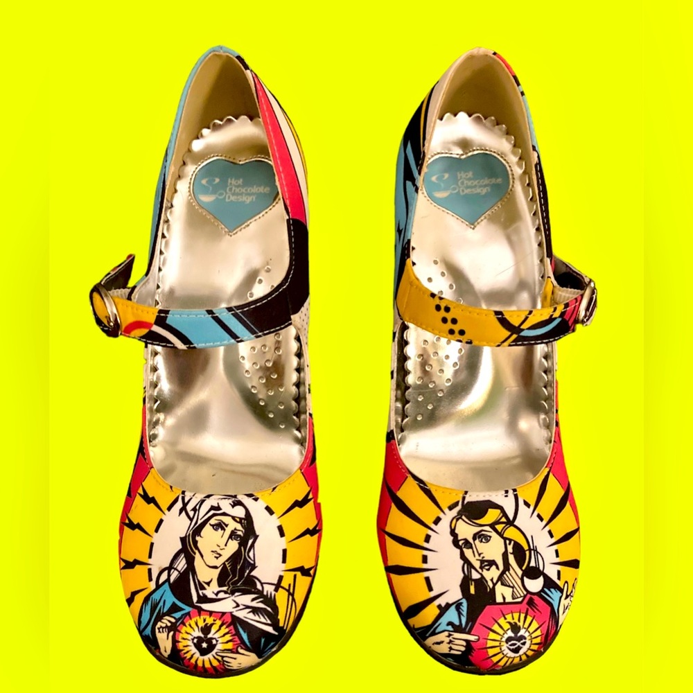Festive funky groovy Jesus and Mary pop art strappy 4” inch heels.